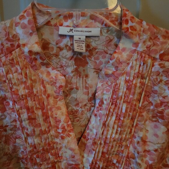 JM Collection Pretty Pink & Orange Floral Pleated Button Down Top Misses 14 - Picture 2 of 5